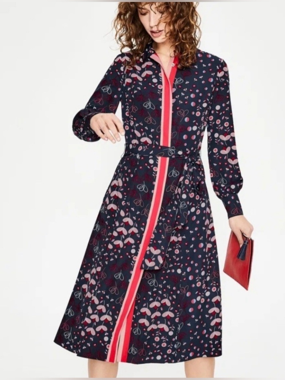 Boden Pippa Navy Floral Belted Long-Sleeve Shirt Dress with Pink Trim